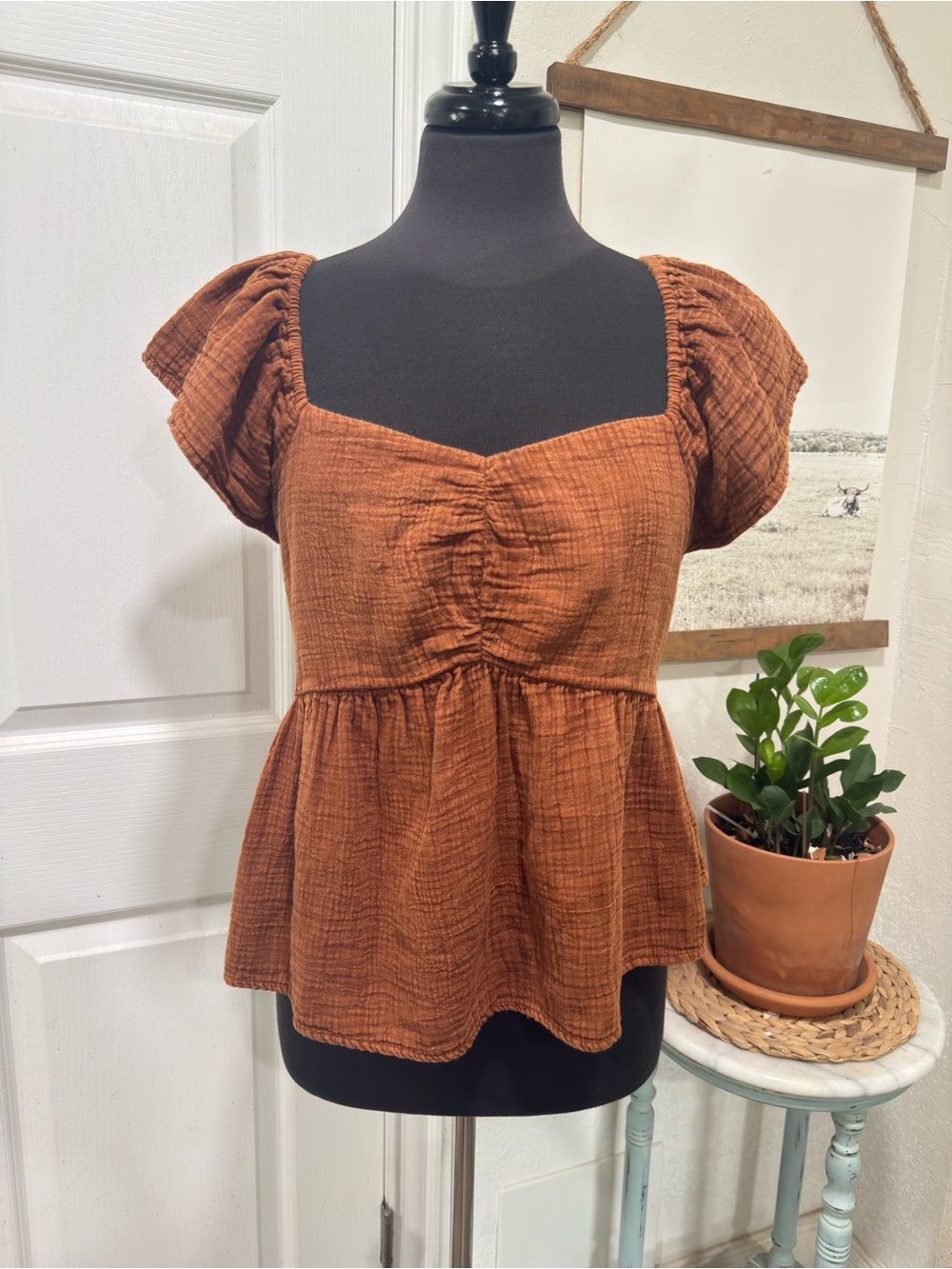Japna Rust Brown Puff Sleeve Peplum Top